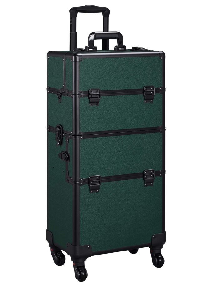 aheetech 3-in-1 Professional Makeup Train Case in dark green, featuring a transformable design with rolling wheels