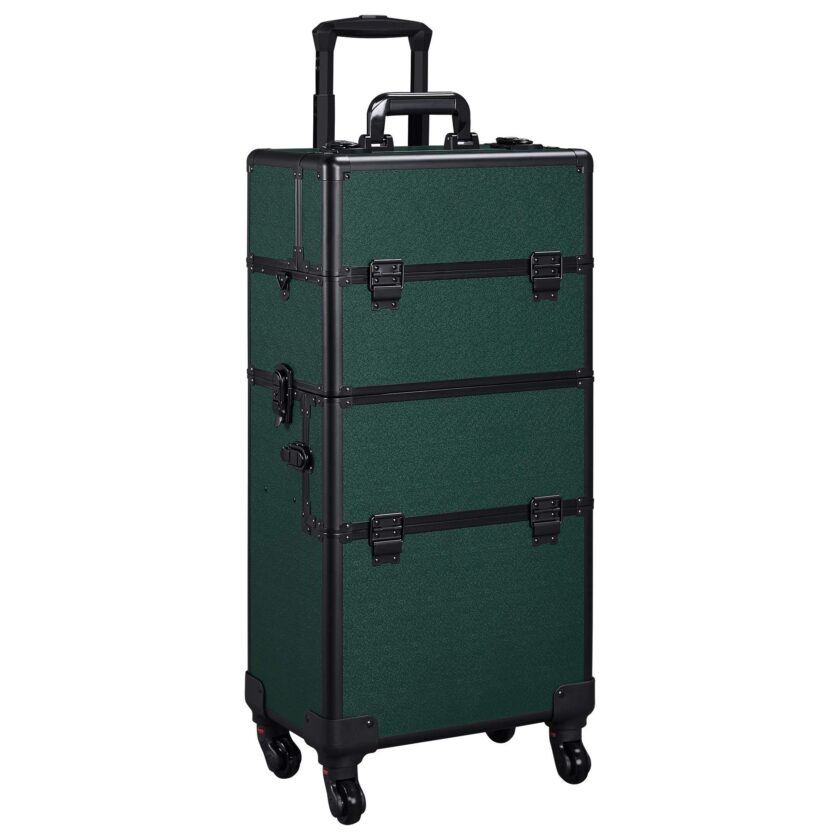 aheetech 3-in-1 Professional Makeup Train Case in dark green, featuring a transformable design with rolling wheels