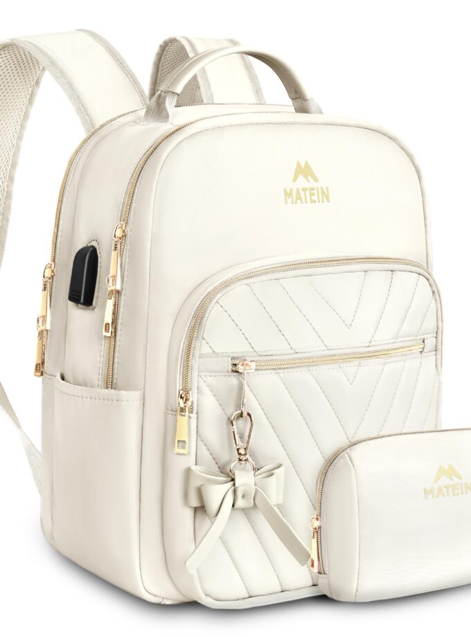 MATEIN Mini Backpack in Beige – Stylish Daypack with USB Charging Port, Waterproof Material, and Organized Compartments for Daily Use