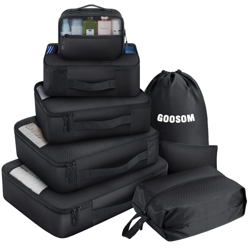 Black 8-Piece Travel Packing Cubes Set with various sizes and specialized bags, featuring durable polyester fabric and mesh for breathable storage