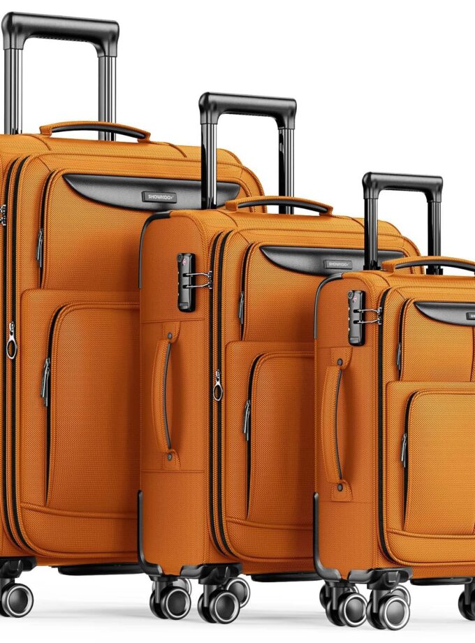 SHOWKOO Lightweight Expandable Luggage Set in vibrant hot orange with 360° spinner wheels and TSA lock - ideal for both short and long trips