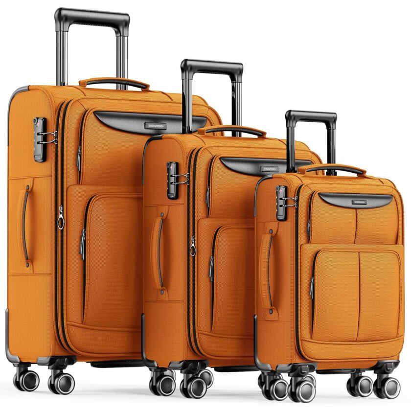 SHOWKOO Lightweight Expandable Luggage Set in vibrant hot orange with 360° spinner wheels and TSA lock - ideal for both short and long trips