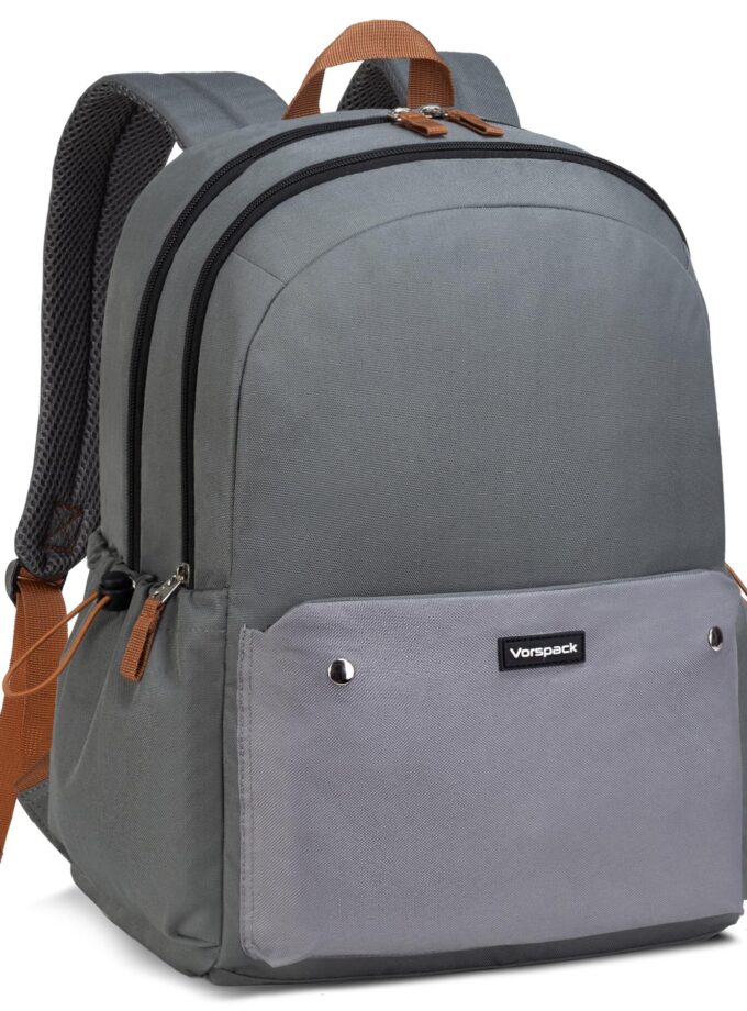 Vorspack grey backpack featuring a spacious design with multiple compartments and padded straps, ideal for college, work