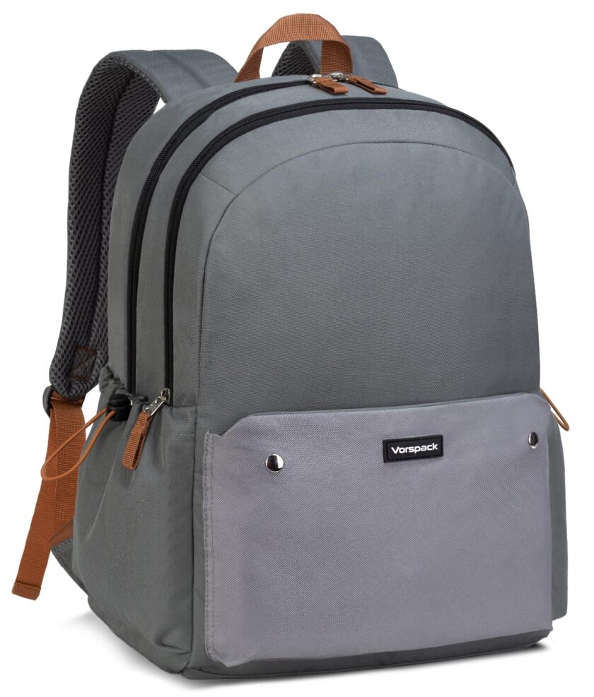 Vorspack grey backpack featuring a spacious design with multiple compartments and padded straps, ideal for college, work