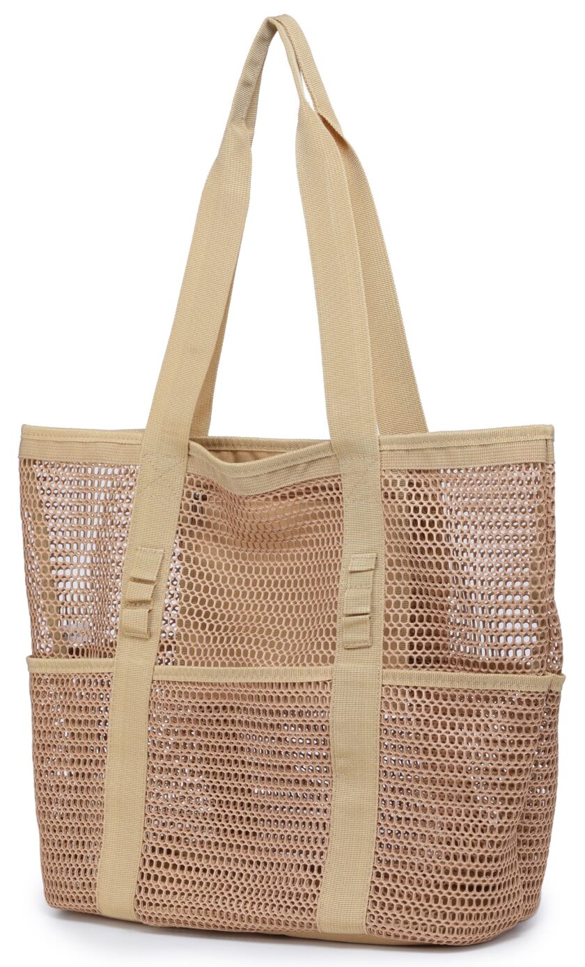 NNEE Large Mesh Beach Tote Bag with Multi Pockets – Water-Resistant Bottom, Perfect for Travel, Pool, and Outdoor Adventures