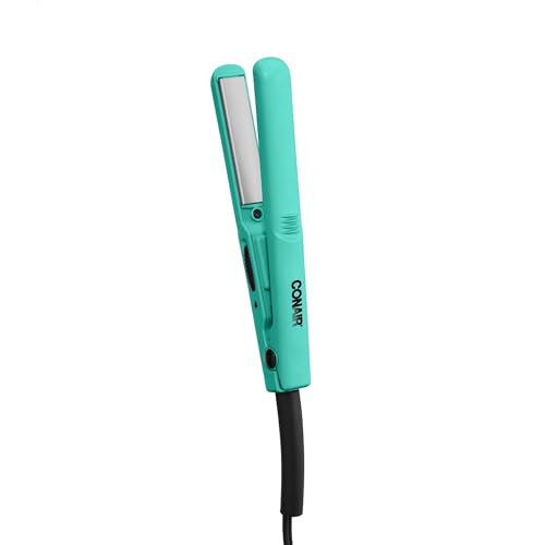 Compact turquoise ceramic flat iron with 1/2-inch plates, perfect for quick styling and travel