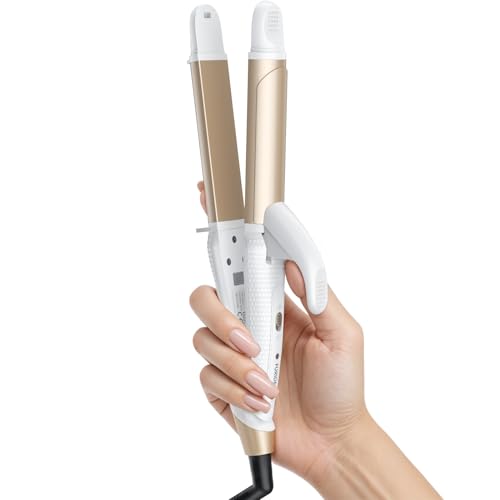 Compact dual voltage curling iron for travel, featuring ceramic tourmaline technology for healthy styling, ideal for creating curls and straight styles on the go