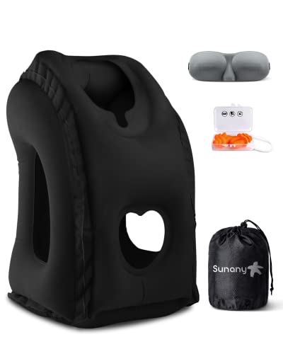 Sunany Inflatable Travel Pillow in black with eye mask and earplugs, perfect for comfortable travel on airplanes, cars, and office naps