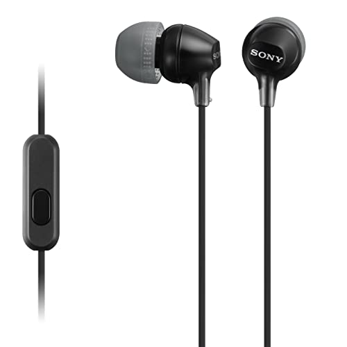 Black Sony MDREX15AP in-ear wired earbuds with a microphone and silicone tips, showcasing a sleek design and durable build for daily use