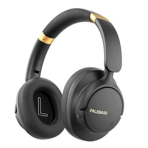 Falebare Noise Cancelling Headphones in black and gold, showcasing a sleek design, Bluetooth connectivity, and up to 80 hours of playtime