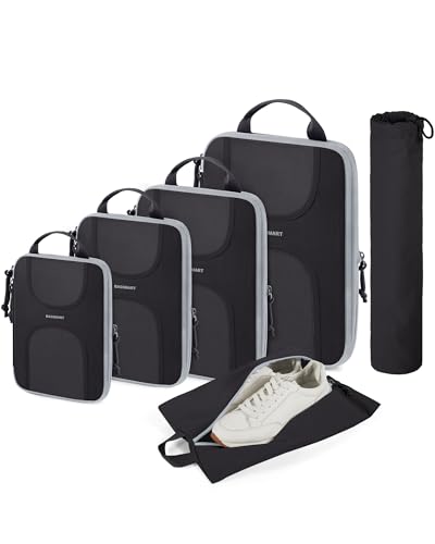 6 Set Compression Packing Cubes in black, designed for organized and efficient travel packing