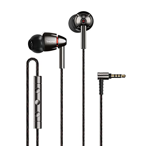 1MORE Quad Driver In-Ear Earphones in silver and gray, featuring high-fidelity sound, ergonomic design, and deluxe accessories for an enhanced listening experience