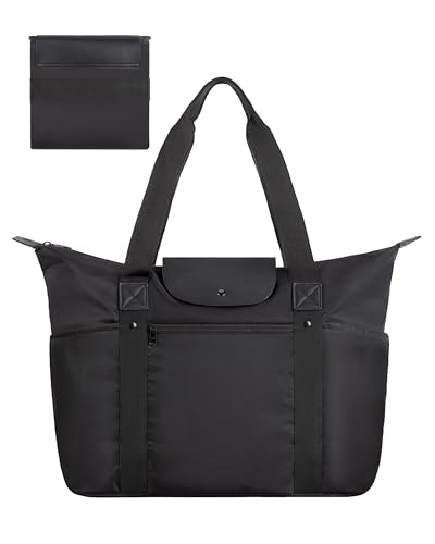 BAGSMART Foldable Tote Bag for Women – Stylish and Durable Black Travel Handbag with Compartments for Everyday Essentials