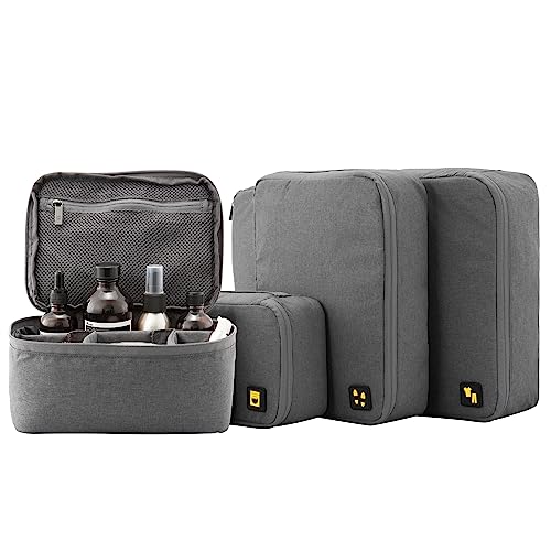 LEVEL8 4 Set Packing Cubes in Grey, perfect for organizing luggage during travel with various sizes and a cosmetic bag included