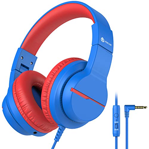 iClever Kids Headphones featuring safe volume control, built-in microphone, and foldable design for travel and school use