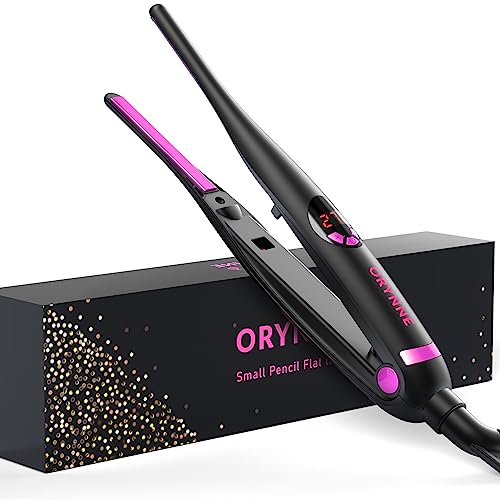 ORYNNE Small Flat Iron: A compact 3/10 inch pencil flat iron designed for short hair, featuring a digital temperature control and rapid 5-second heat-up