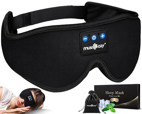 MUSICOZY Bluetooth Sleep Headphones featuring ultra-thin speakers and a comfortable eye mask design, perfect for side sleepers