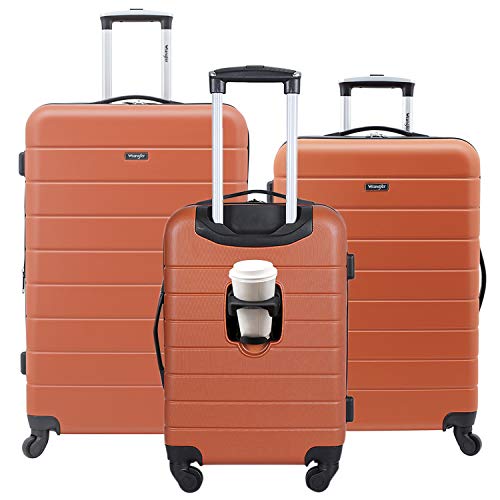 Wrangler Smart Luggage Set in Burnt Orange featuring a 28-inch large suitcase, 24-inch medium suitcase