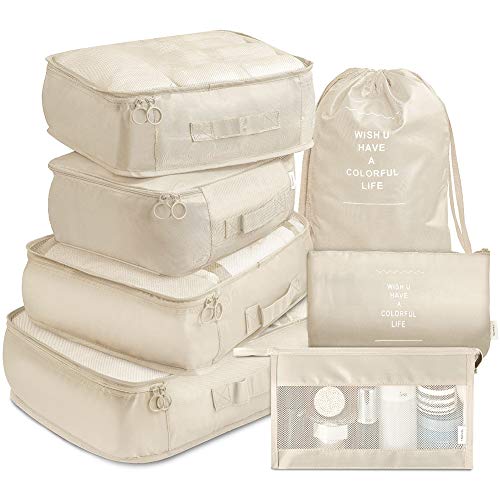 VAGREEZ 7-Piece Packing Cube Set in Beige – Lightweight and Waterproof Travel Organizers with Toiletry and Laundry Bags