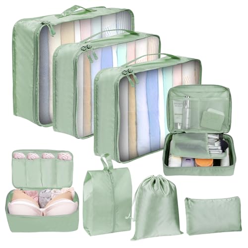 8-piece avocado green packing cubes set for organized travel, designed for sorting clothing, shoes, and accessories efficiently