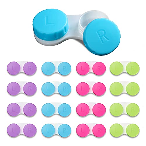 Aoutrow 16 Pack Contact Lens Cases in various vibrant colors, showcasing their compact and portable design, perfect for safe lens storage and travel