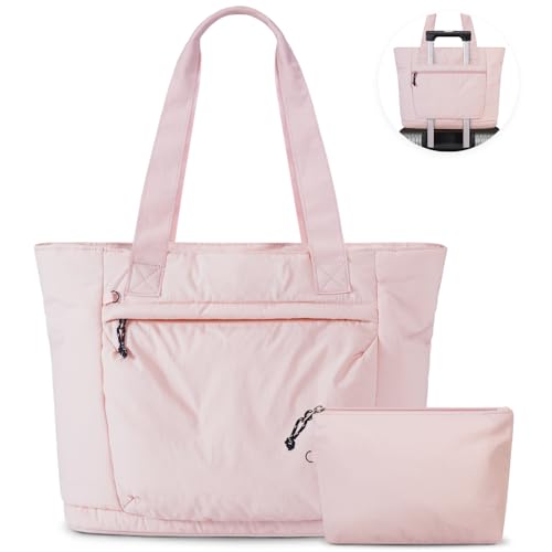 BAGAIL Travel Tote Bag in petal pink, featuring a padded laptop sleeve, multiple pockets, and a trolley sleeve for convenient travel and organization