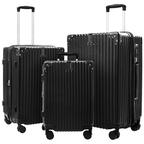 SONSENAI 3-Piece Expandable Luggage Set in Classic Black featuring 20-inch carry-on, 24-inch medium suitcase, and 28-inch large suitcase with TSA locks and double spinner wheels