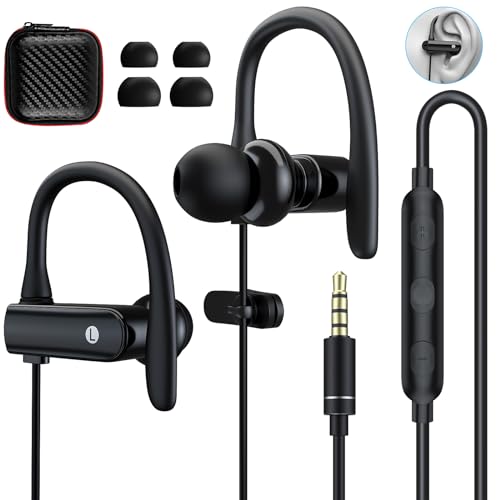 3.5mm sport wired earbuds with ear hook design, featuring noise cancellation, ergonomic fit, and built-in microphone for clear calls during workouts