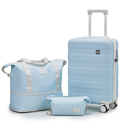 imiomo 20-inch carry-on suitcase in blue, featuring 360° spinner wheels and TSA lock, included in a 3-piece luggage set