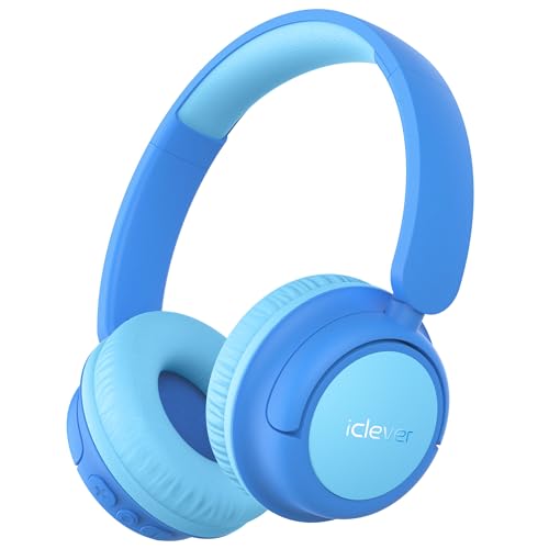 iClever BTH22 Kids Bluetooth Headphones in blue, featuring safe volume control, 60-hour battery life, and comfortable over-ear design for kids