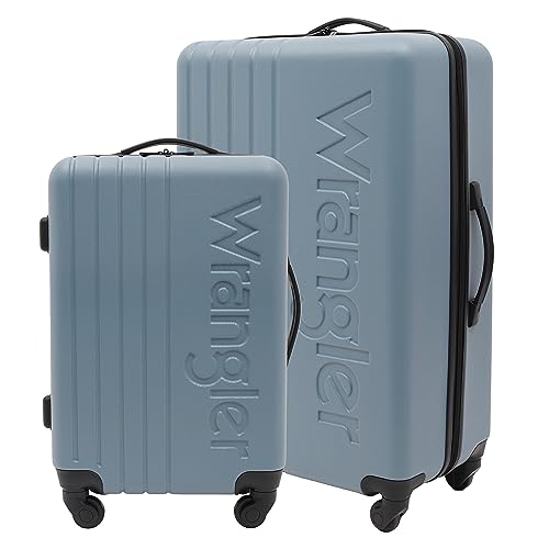 Wrangler Quest 2-Piece Luggage Set in Winter Sky featuring a 28-inch check-in suitcase and a 20-inch carry-on with a push-button trolley handle and 4-wheel spinner design