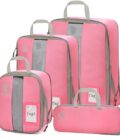 Dec-Mec 4-Piece Compression Packing Cubes in pink, featuring tag holders for organized travel and efficient packing