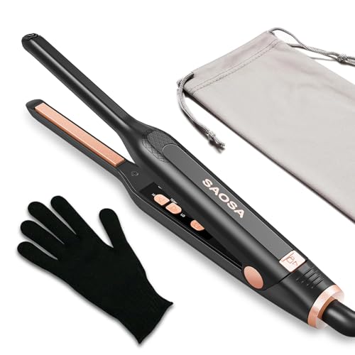 Pencil Flat Iron with thin ceramic plates designed for short hair, pixie cuts, and bangs, featuring adjustable temperatures and travel-friendly dual voltage.