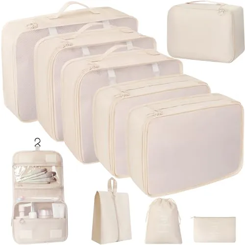 10-piece beige packing cube set for organized travel with transparent mesh for easy access, waterproof material, and space-saving design