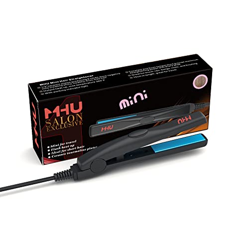 Mini 0.5-inch black flat iron with tourmaline ceramic plates, designed for short hair and quick touch-ups, perfect for travel