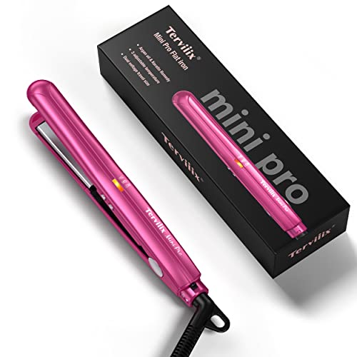 Compact Terviiix Mini Flat Iron in pink, featuring adjustable temperature settings and dual voltage for easy travel styling