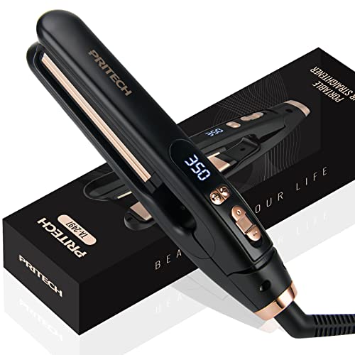 PRITECH Mini Flat Iron with 1-inch floating plates, 13 adjustable temperature settings, and travel lock feature – perfect for portable styling.