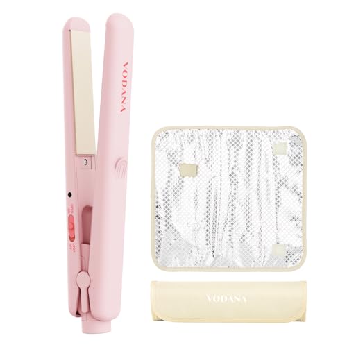 VODANA Pocket Mini Flat Iron in Pink Vanilla, a lightweight and compact travel hair straightener with ceramic plates for smooth styling, complete with a heat-resistant pouch