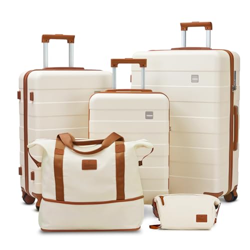 imiomo 3-Piece Luggage Set in Beige featuring lightweight hardside suitcases with spinner wheels, TSA lock, travel bag, and toiletry bag