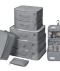 DIMJ Travel Packing Cubes in grey, featuring an 8-piece set designed for organized travel, including bags for clothes, shoes, toiletries, and cables