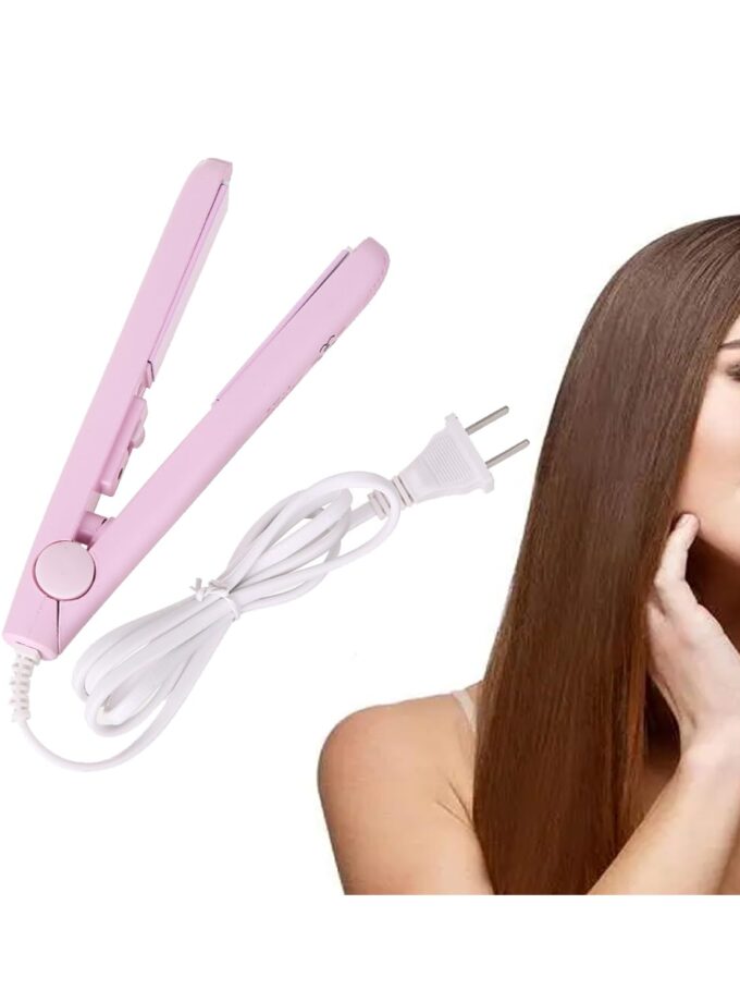 Mini hair curler and straightener in pink, designed for travel and portable hairstyling, featuring a ceramic heating plate and compact design