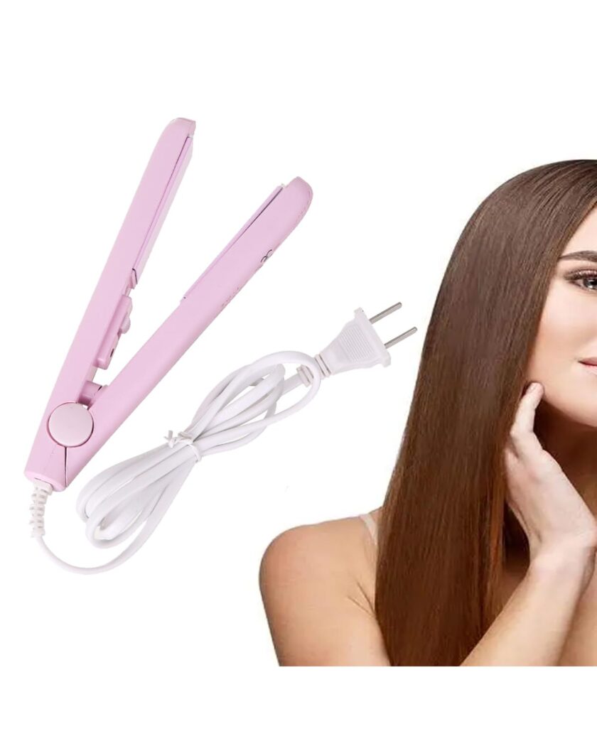 Mini hair curler and straightener in pink, designed for travel and portable hairstyling, featuring a ceramic heating plate and compact design