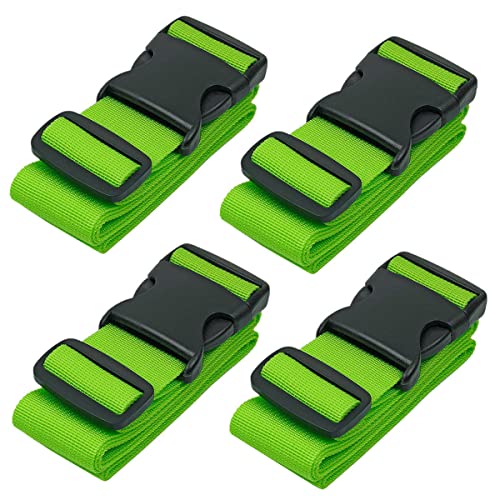 Set of four neon green luggage straps designed for secure luggage fastening, featuring adjustable lengths and quick-release buckles for easy handling