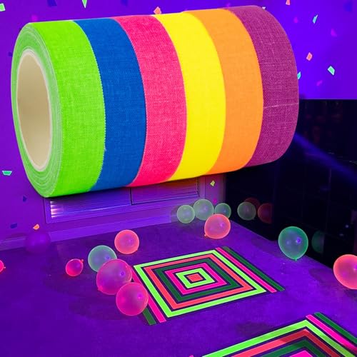 CARGEN Neon Gaffers Tape - 6 vibrant colors, perfect for party decorations, featuring a writable surface and fluorescent effect under blacklight