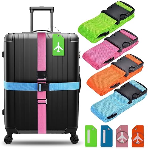 Adjustable luggage straps in four vibrant colors with luggage tags, designed for secure travel packing and enhanced luggage identification