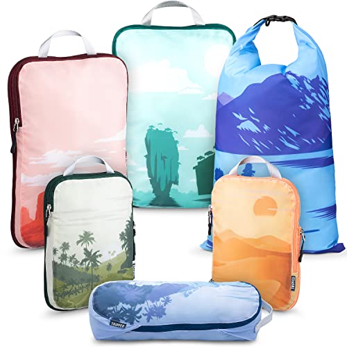 Set of six Compression Packing Cubes in graphic design, perfect for organizing and compressing clothes for travel, shown in various sizes for different items