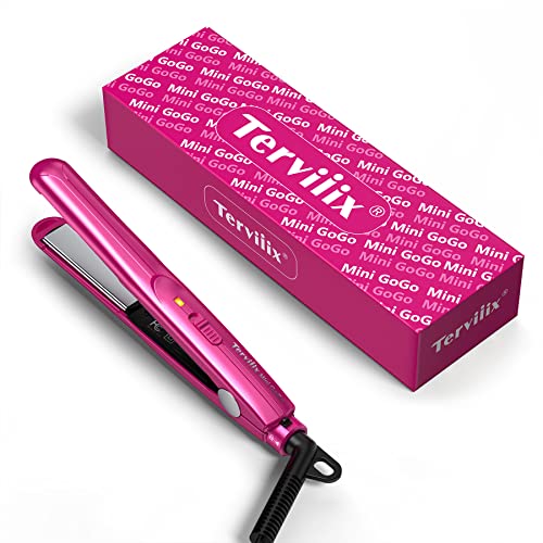 Terviiix 1/2 inch Mini Flat Iron in pink, designed for short hair and bangs, featuring a compact size and dual voltage for travel.