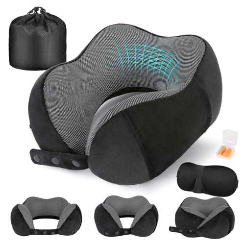 Cirorld Neck Pillow for traveling, featuring adjustable memory foam, portable design, and includes eye mask and earplugs for a comfortable travel experience