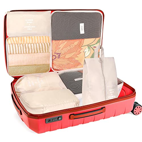 Kingdalux 7-Piece Lightweight Travel Packing Cubes in beige, designed for organized packing and efficient travel