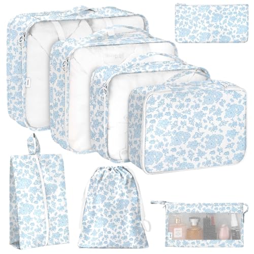 8 Set Packing Cubes in blue flower design, perfect for organizing travel essentials with various sizes for clothes, toiletries, and more